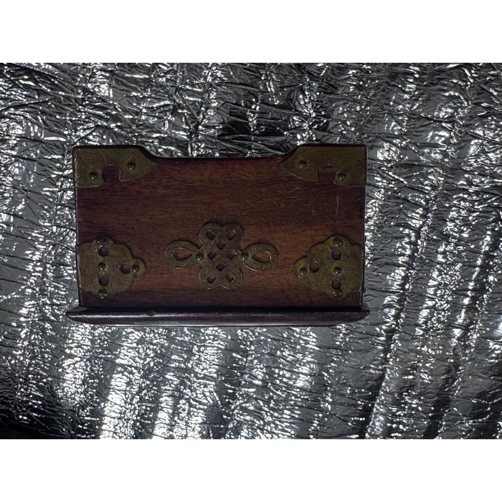 Vintage Chinese Rosewood Jewelry Box Carved Soapstone Inlay Brass Accents